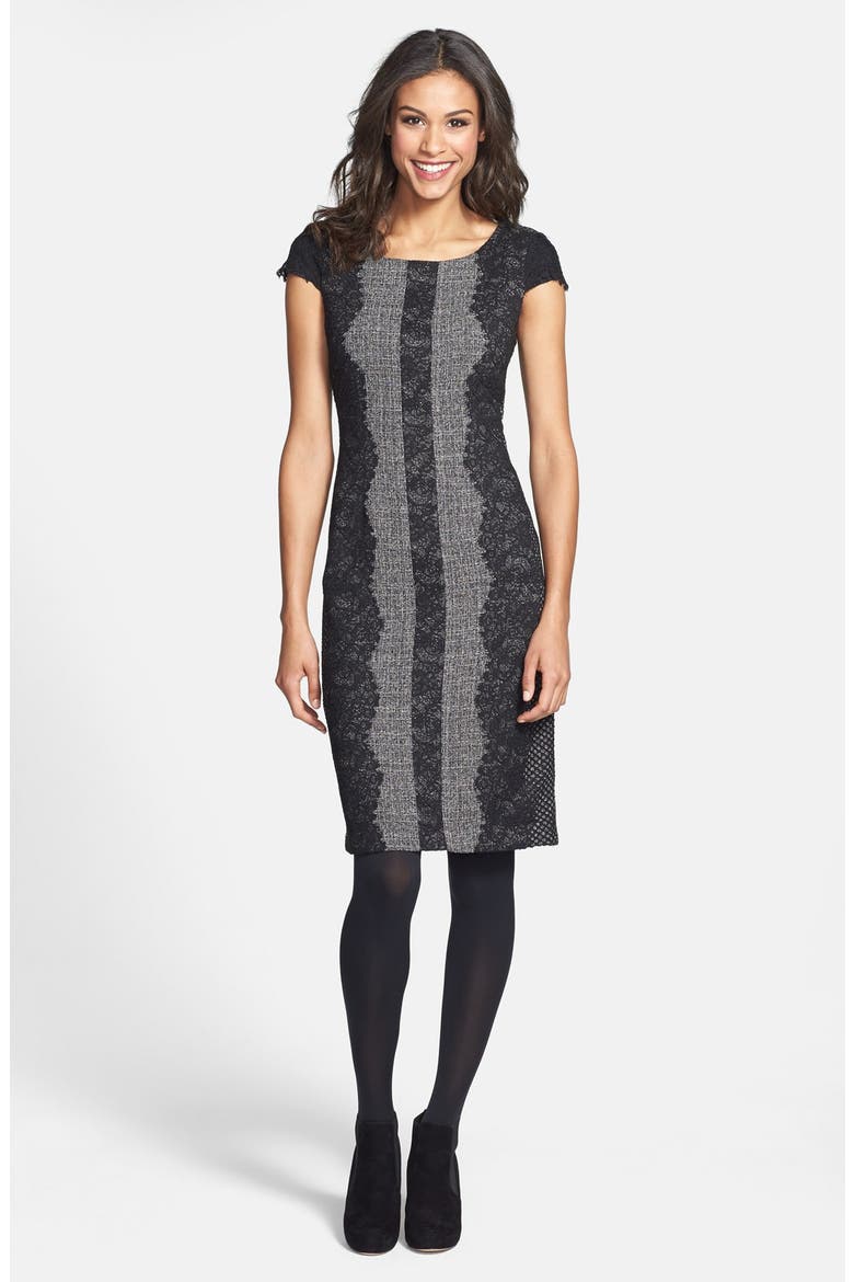 Lace Trim Tweed Sheath Dress, Alternate, color, BLACK/ GREY