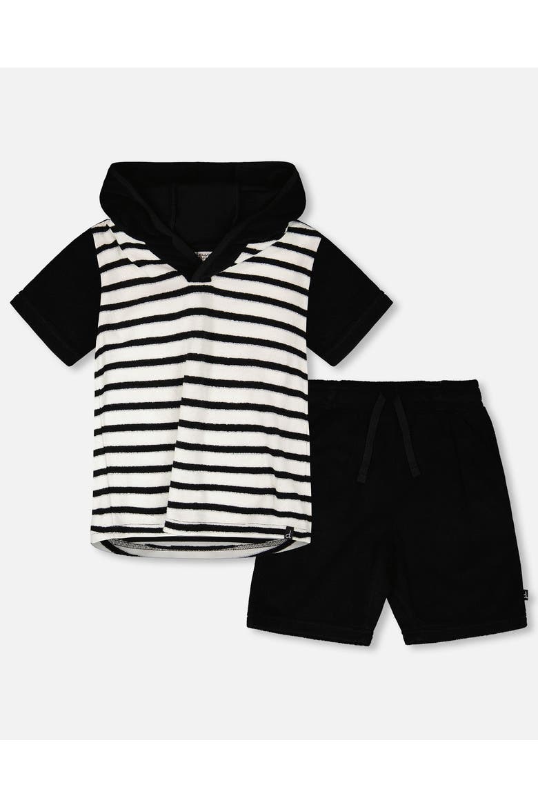 Hooded Terry Stripes T-Shirt with Shorts Set, Main, color, Black & White Stripes