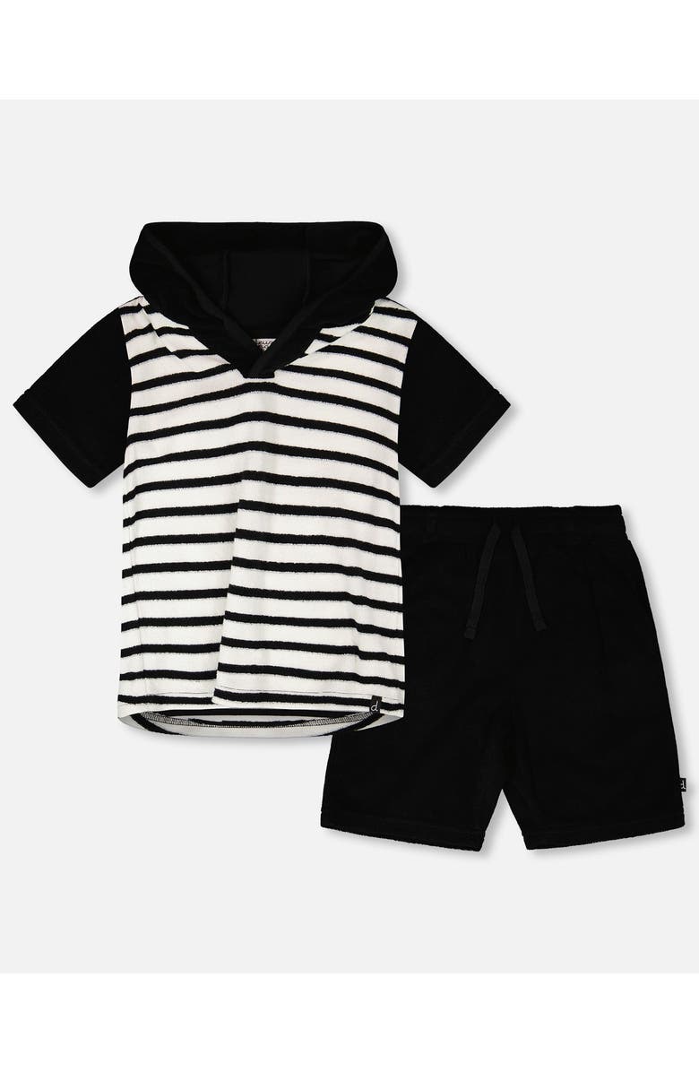 Deux par Deux Hooded Terry Stripes T-Shirt with Shorts Set, Main, color, Black & White Stripes