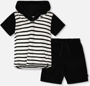 Deux par Deux Hooded Terry Stripes T-Shirt with Shorts Set