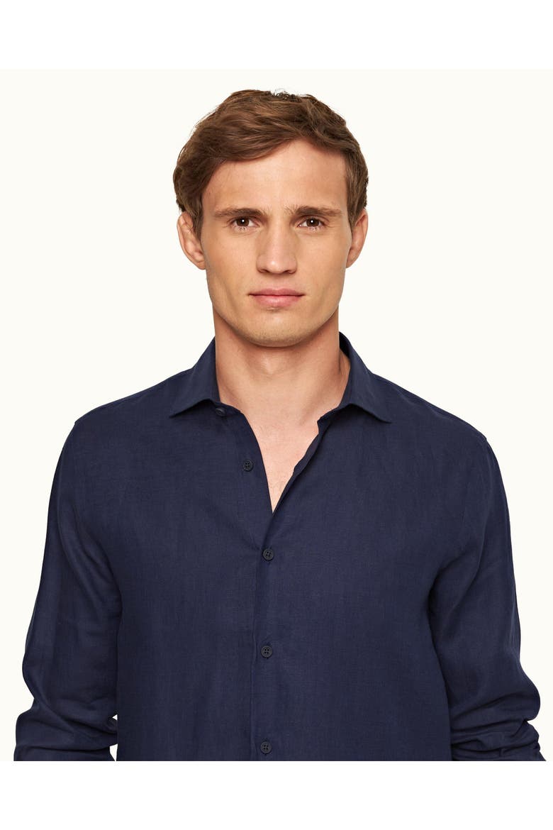 Giles Linen Cutaway Collar Tailored Fit Linen Shirt, Alternate, color, Navy