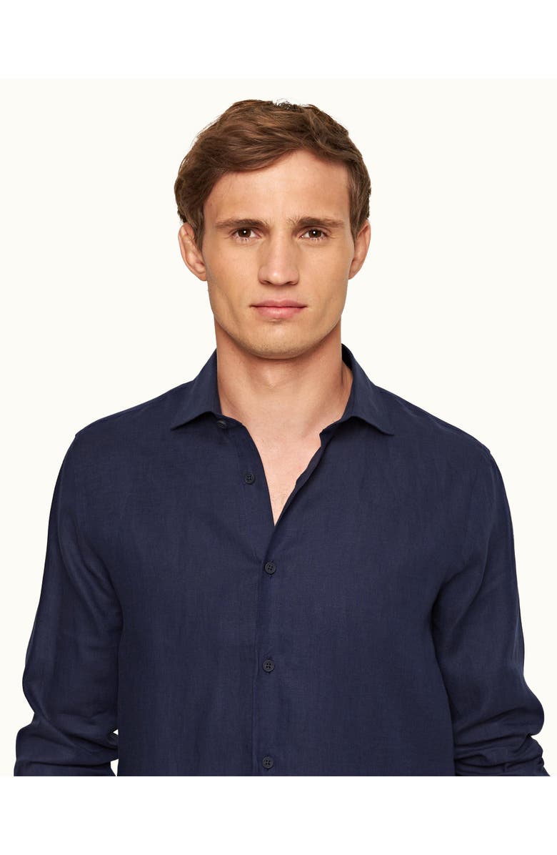 Orlebar Brown Giles Linen Cutaway Collar Tailored Fit Linen Shirt, Alternate, color, Navy