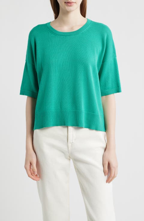 Elbow Sleeve Organic Cotton Blend Crewneck Sweater (Regular & Petite)