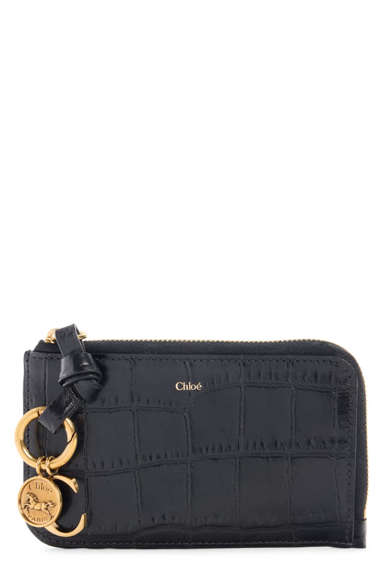 Small Alphabet Zip Croc Embossed Leather Card Holder, Main, color, BLACK