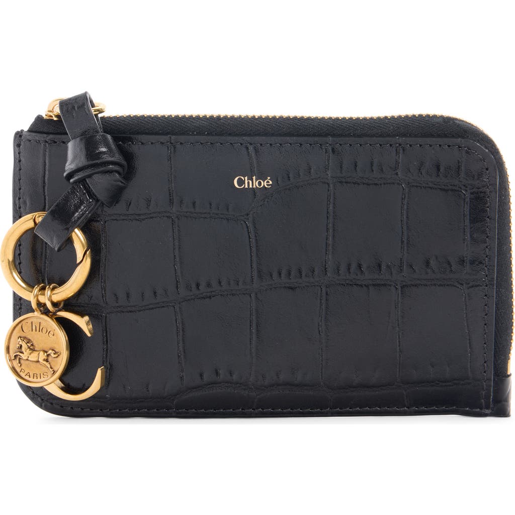 Chloé Small Alphabet Zip Croc Embossed Leather Card Holder In Black