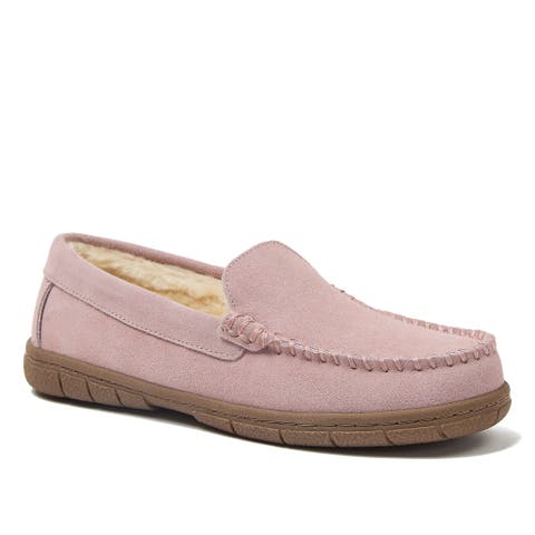 Wide Width Fuzzy Lined Suede Moccasin Slippers