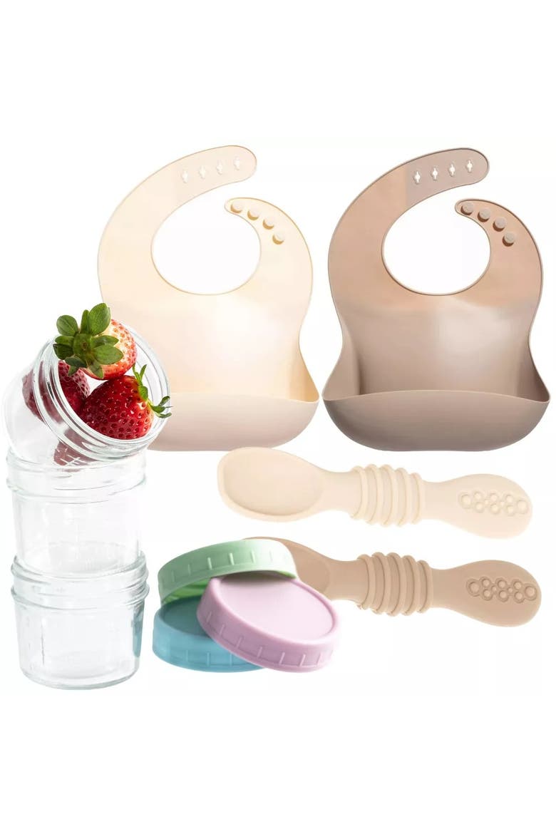 Glass Baby Food Storage Jars, Silicone Baby Spoons and Bibs Set, Alternate, color, Tan
