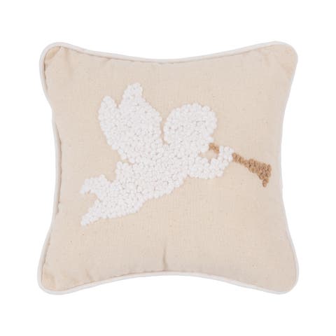 Flying Angel with Gold Horn French Knot 100% Cotton Beige Mini Accent Pillow 8" x 8"