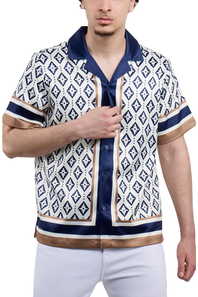 Diamond Print Camp Shirt, Alternate, color, CREAM/ NAVY