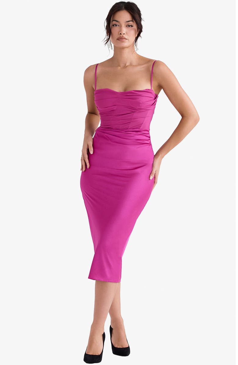 HOUSE OF CB Teia Mixed Media Satin Georgette Midi Dress, Alternate, color, Hot Pink