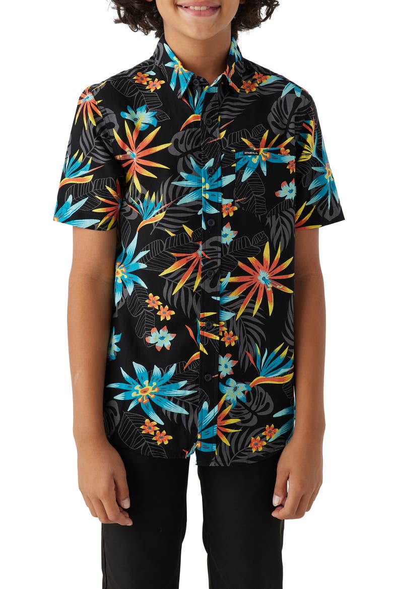 Kids' Oasis Short Sleeve Button-Up Shirt, Main, color, BLACK