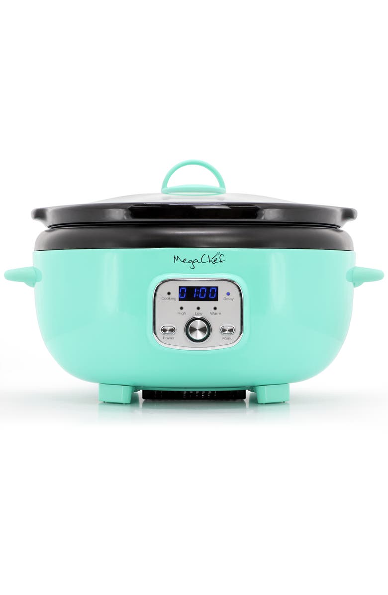 Megachef 6.9 Quart Oval Electric Slow Cooker in Turquoise with Black Pot, Alternate, color, Blue