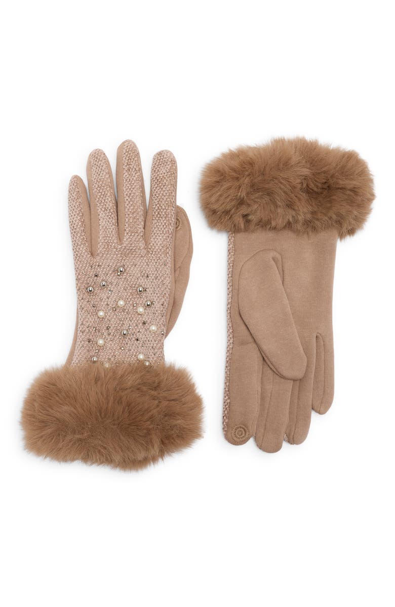 Nanette Lepore Jacquard Gloves with Faux Fur Trim, Main, color, Taupe