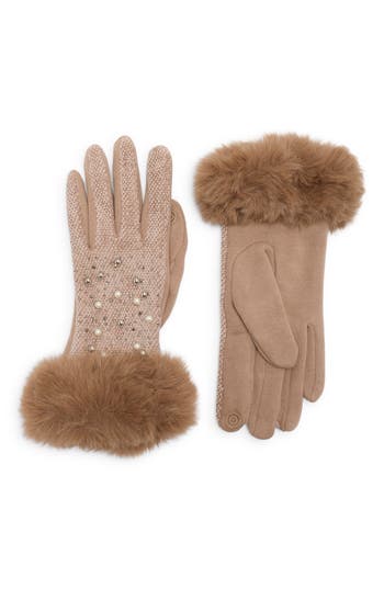 Nanette Lepore Jacquard Gloves With Faux Fur Trim In Brown