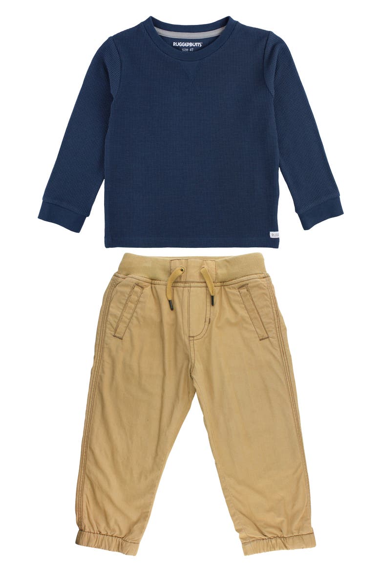 Waffle Knit Top & Drawstring Joggers Set, Main, color, NAVY