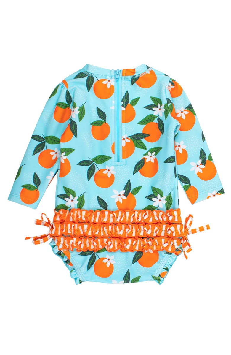 RuffleButts Baby Girls Orange You The Sweetest Long Sleeve UPF50+ One Piece Rash Guard, Alternate, color, Blue Orange You The Sweetest
