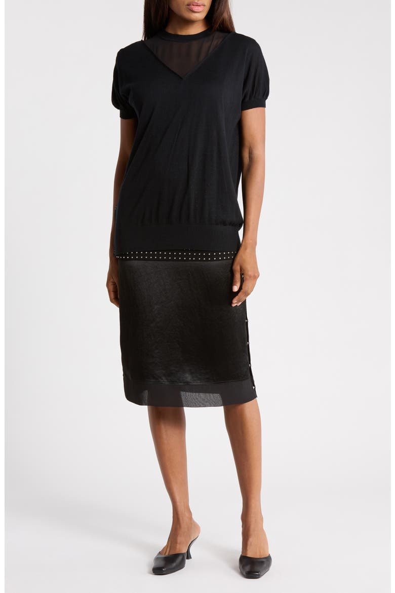 Mixed Media Studded Knit Dress, Main, color, BLACK