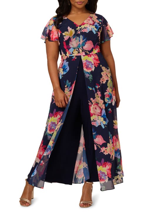 Floral Overlay Chiffon Jumpsuit (Plus)