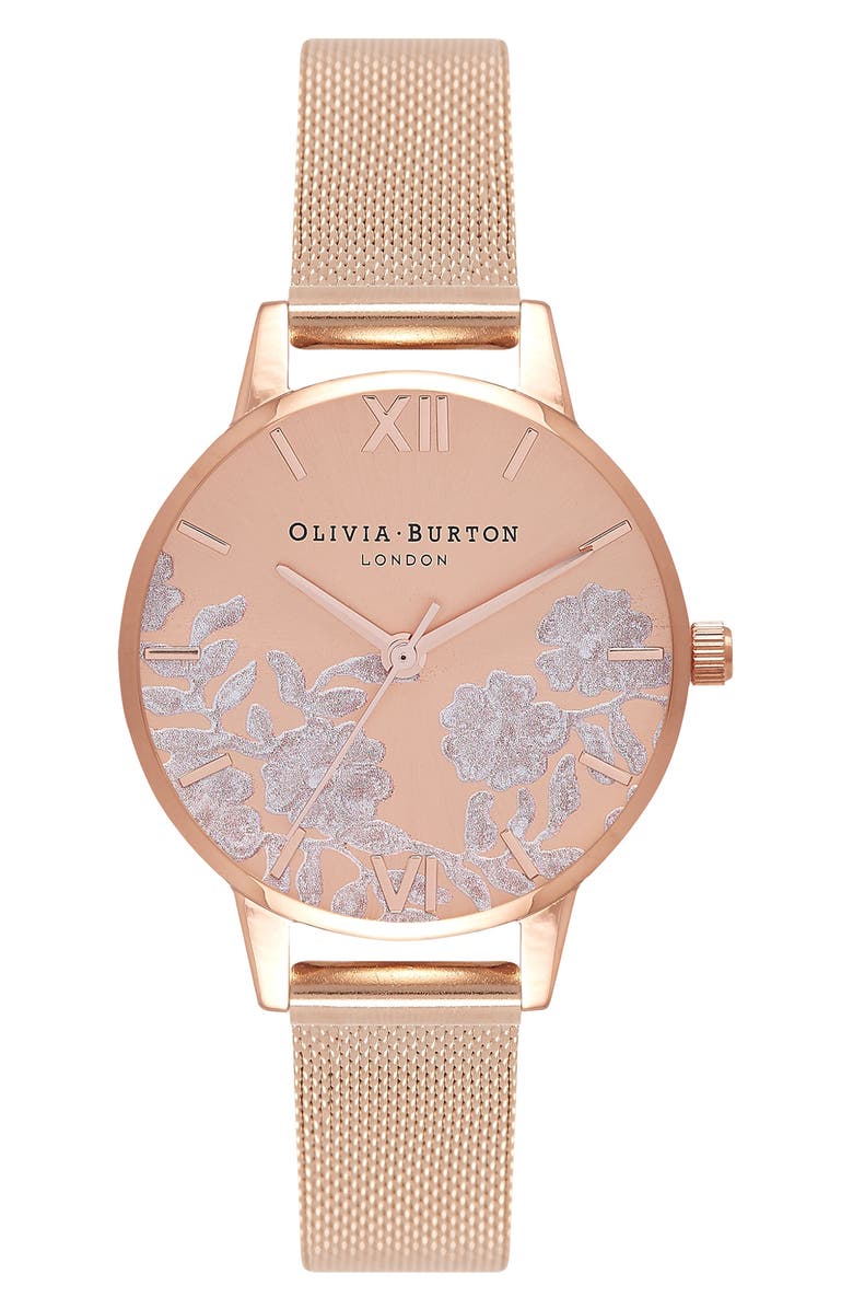 Olivia Burton Lace Detail Mesh Strap Watch, 30mm, Main, color, 