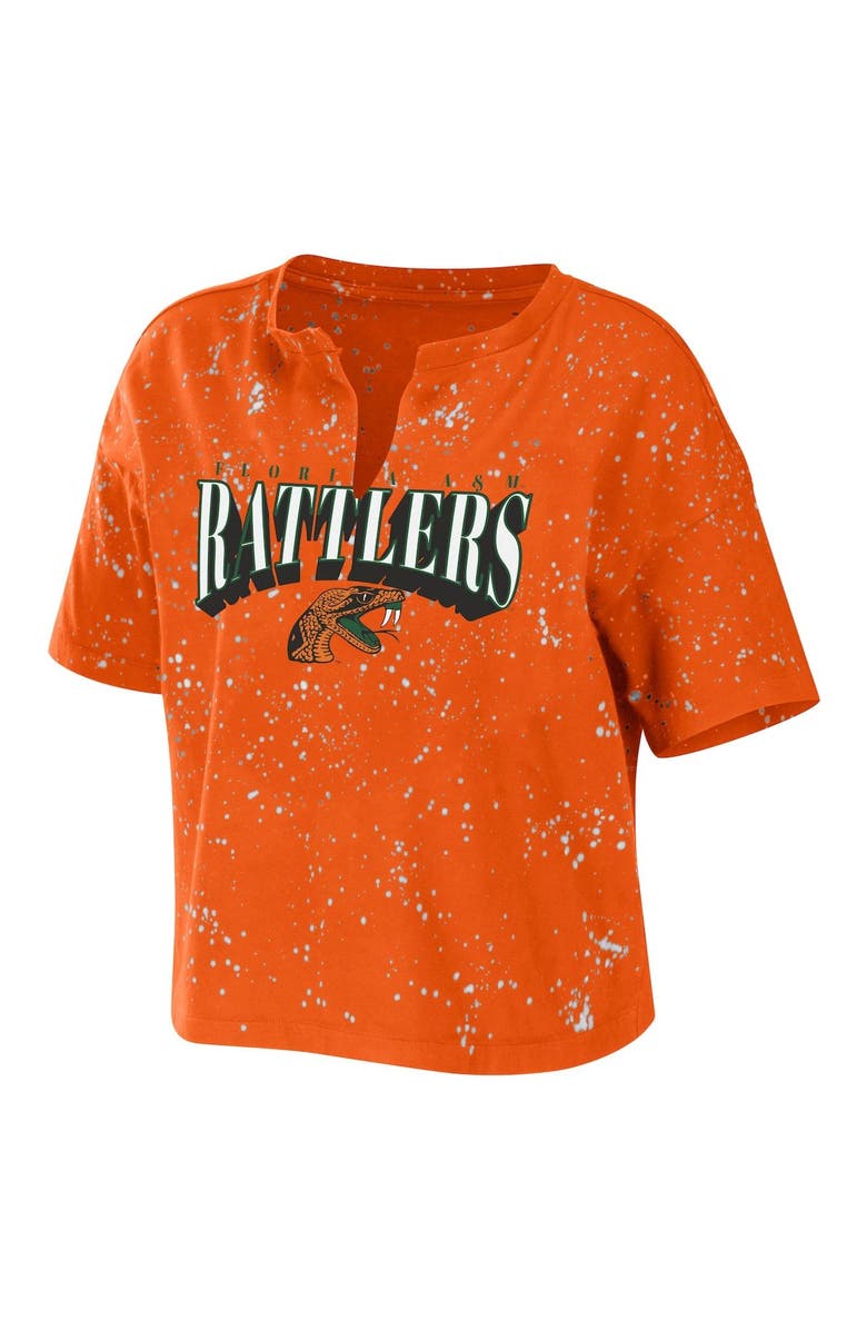 WEAR by Erin Andrews Women's WEAR by Erin Andrews Orange Florida A&M Rattlers Bleach Wash Splatter Cropped Notch Neck T-Shirt, Alternate, color, Orange