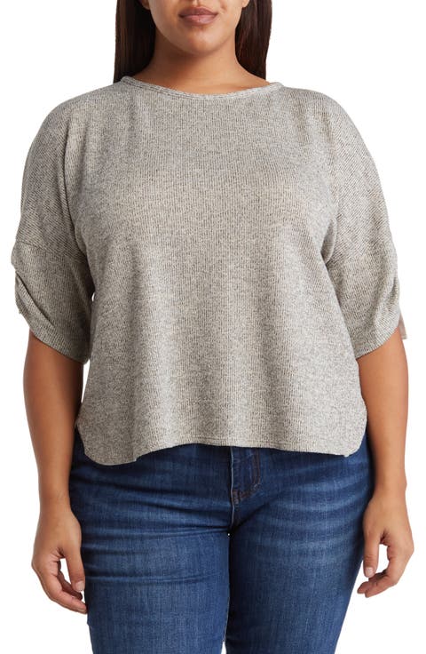 Ruched Sleeve Ribbed Top (Plus)