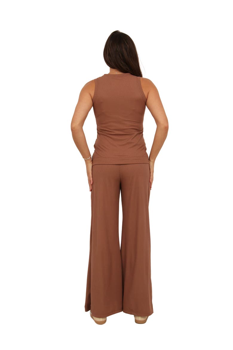 Womens Basic Ribbed Knit Tank Top and Elastic Waist Wide Leg Pant Set, Alternate, color, Mocha