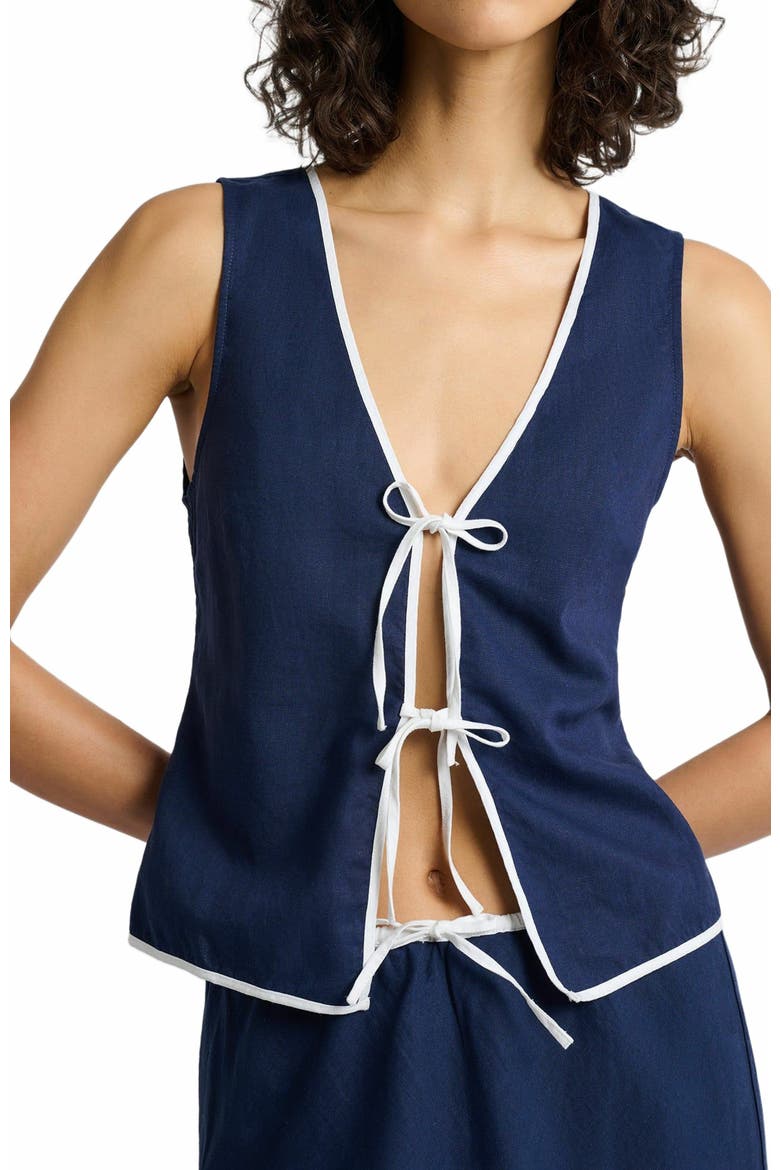 Air Linen Tie Front Tank, Alternate, color, DEEP NAVY/WHITE
