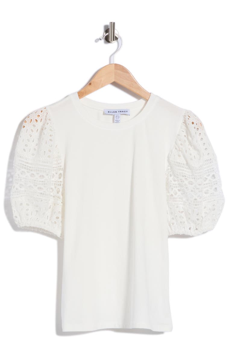 Ellen Tracy Eyelet Puff Sleeve Top, Main, color, White