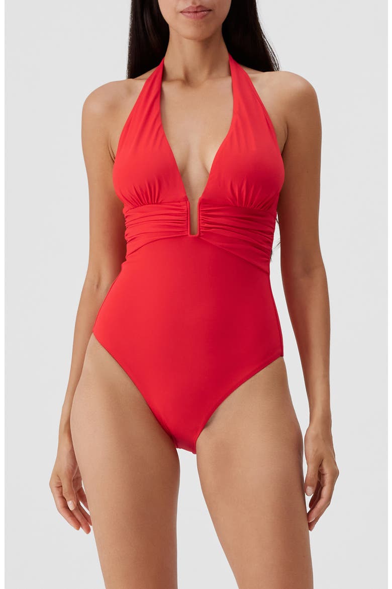 Balearic Ruched Halter One-Piece Swimsuit, Main, color, RED