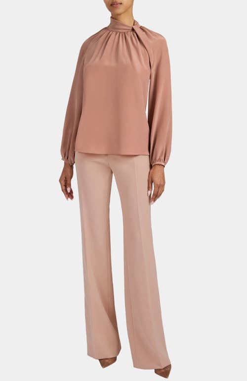 Santorelli Dakota Silk Mock Neck Blouse With Long Lantern Sleeves In Brown