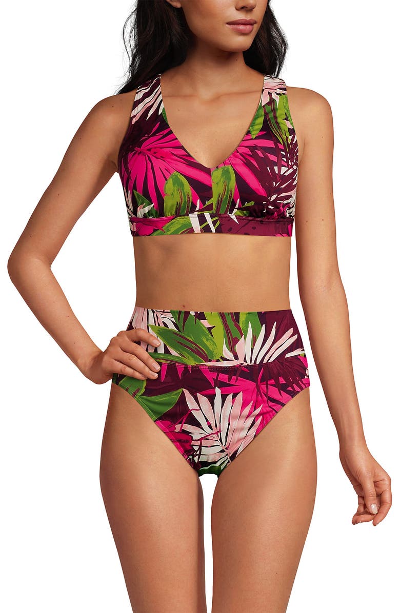 Lands' End Chlorine Resistant V-neck Midkini Swimsuit Top and High Leg High Waisted Bottoms 2 Piece Set, Alternate, color, Dark Wine Multi Tropical Palm