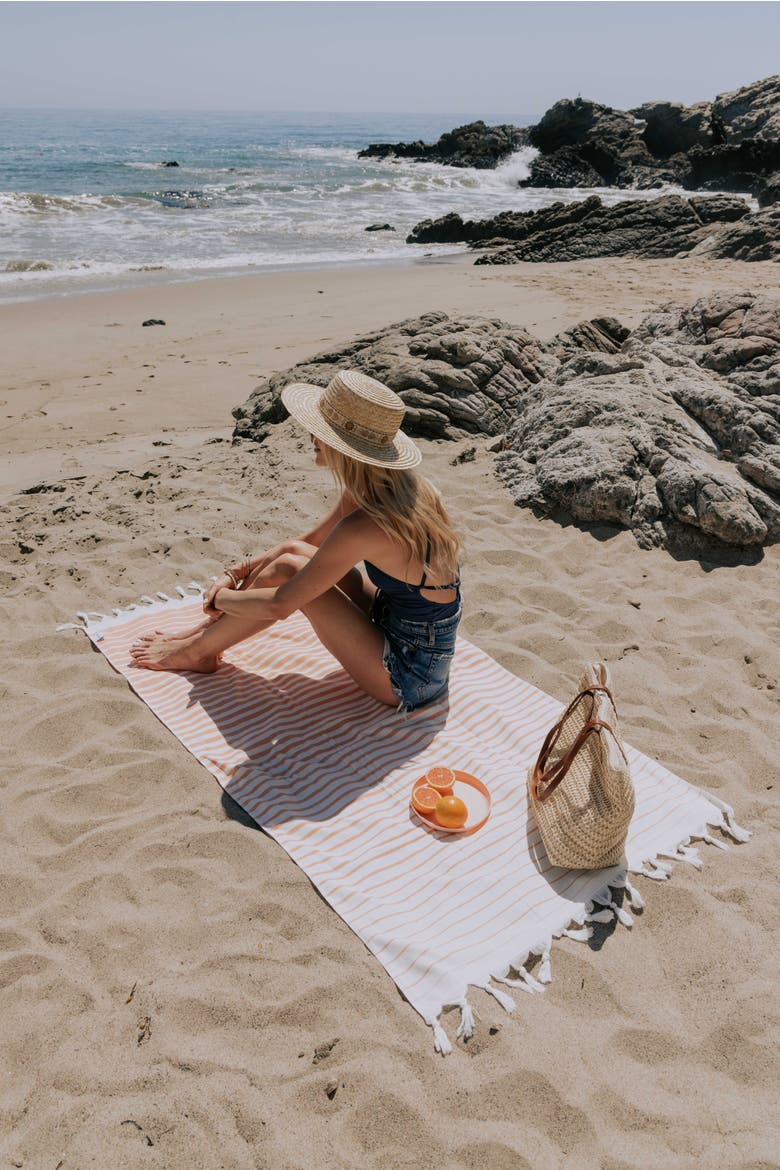 Gradient Striped Organic Turkish Towel with Soft Terry Cloth Back, Alternate, color, Orange