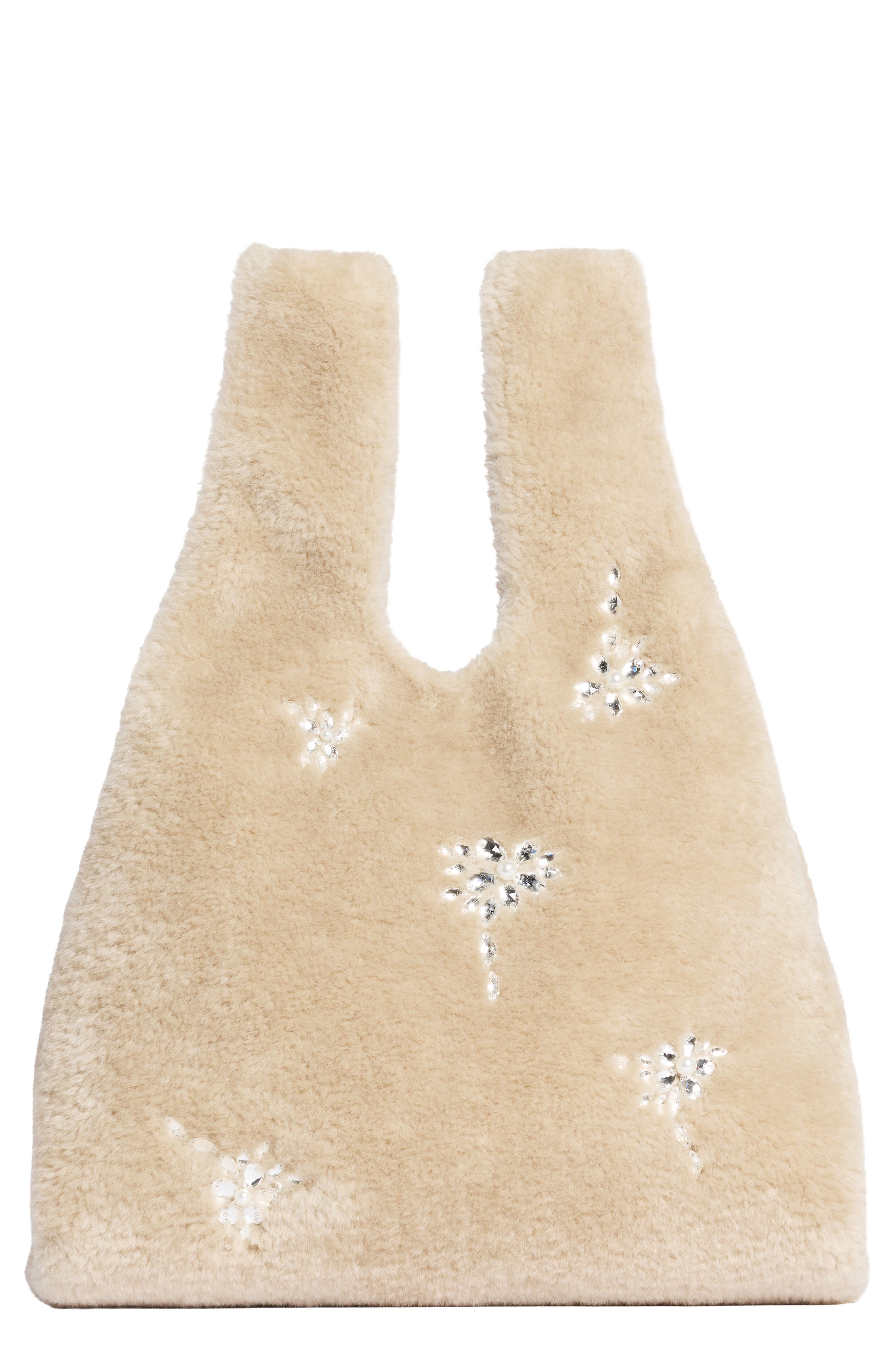 Mini Faux Fur Shopper Bag with Embellishment, Main, color, BLONDE/ PEARL/ CLEAR