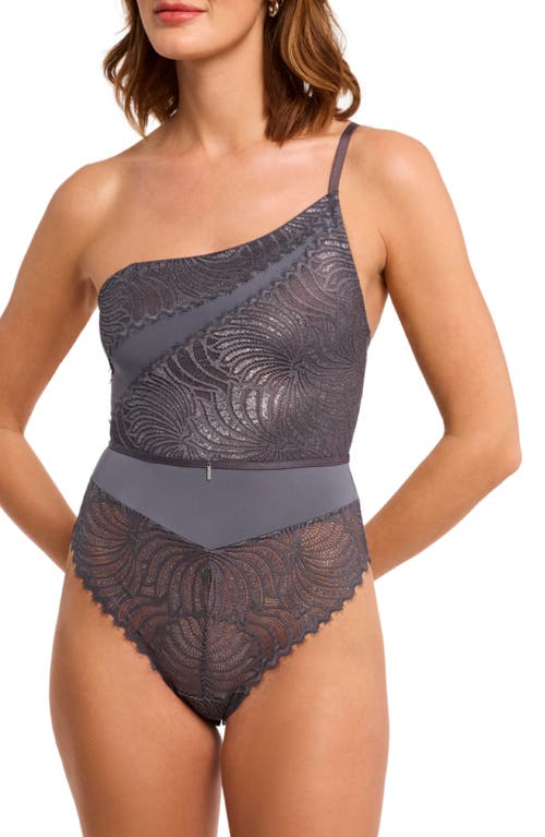 Montelle Intimates Nights Out Metallic Eyelash Lace Brazilian Bodysuit In Gray