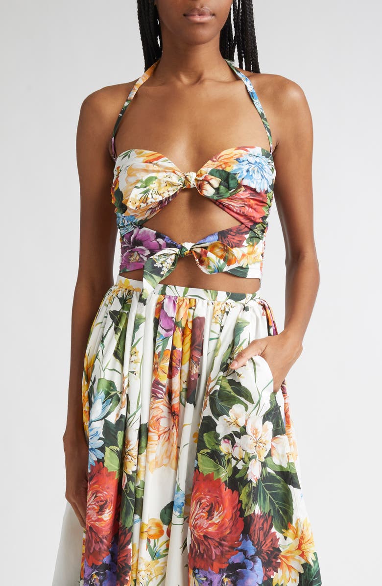 Dolce&Gabbana Floral Bow Cutout Halter Top, Main, color, Ha5pc B.fiori Cret. F.bco