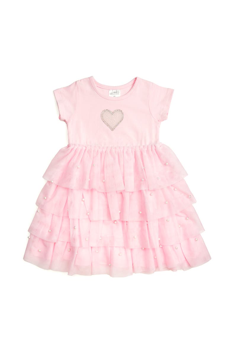 Sweet Wink Pearl Heart Tiered Short Sleeve Tutu Dress, Main, color, Soft Pink