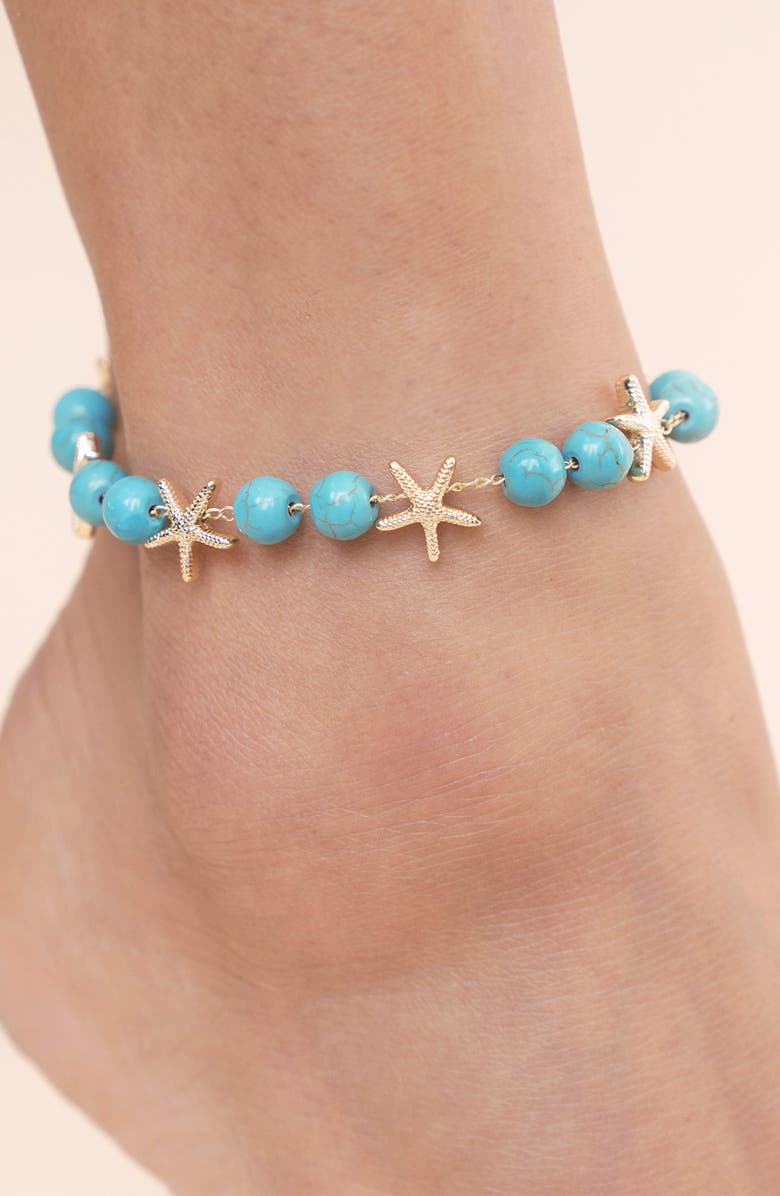 Ettika Starfish & Turquoise Anklet, Alternate, color, Turquoise