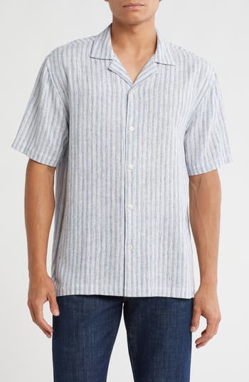 Truth Stripe Linen Blend Camp Shirt In Blue
