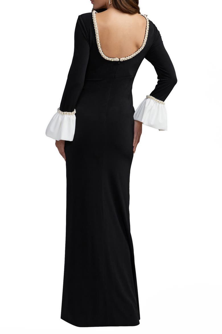 Pearl Trim Long Sleeve Gown, Alternate, color, Black Ivory