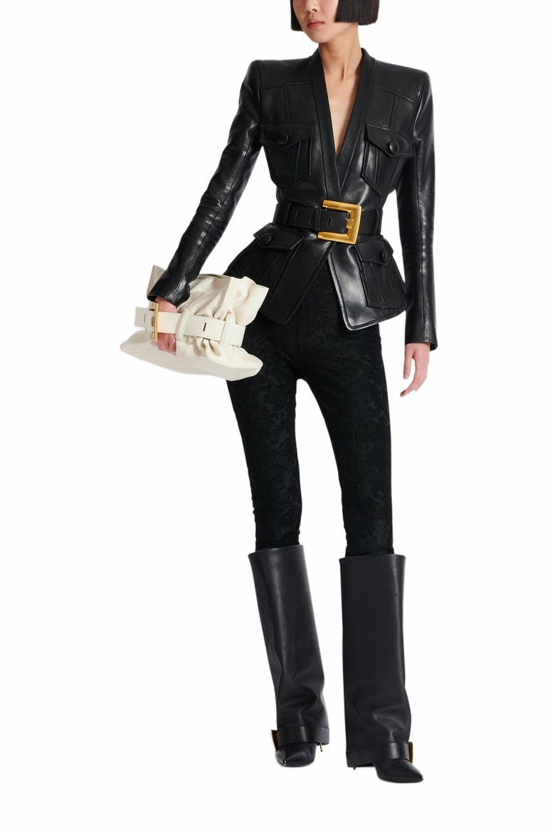 1-Button Belted Leather Jacket, Alternate, color, Black