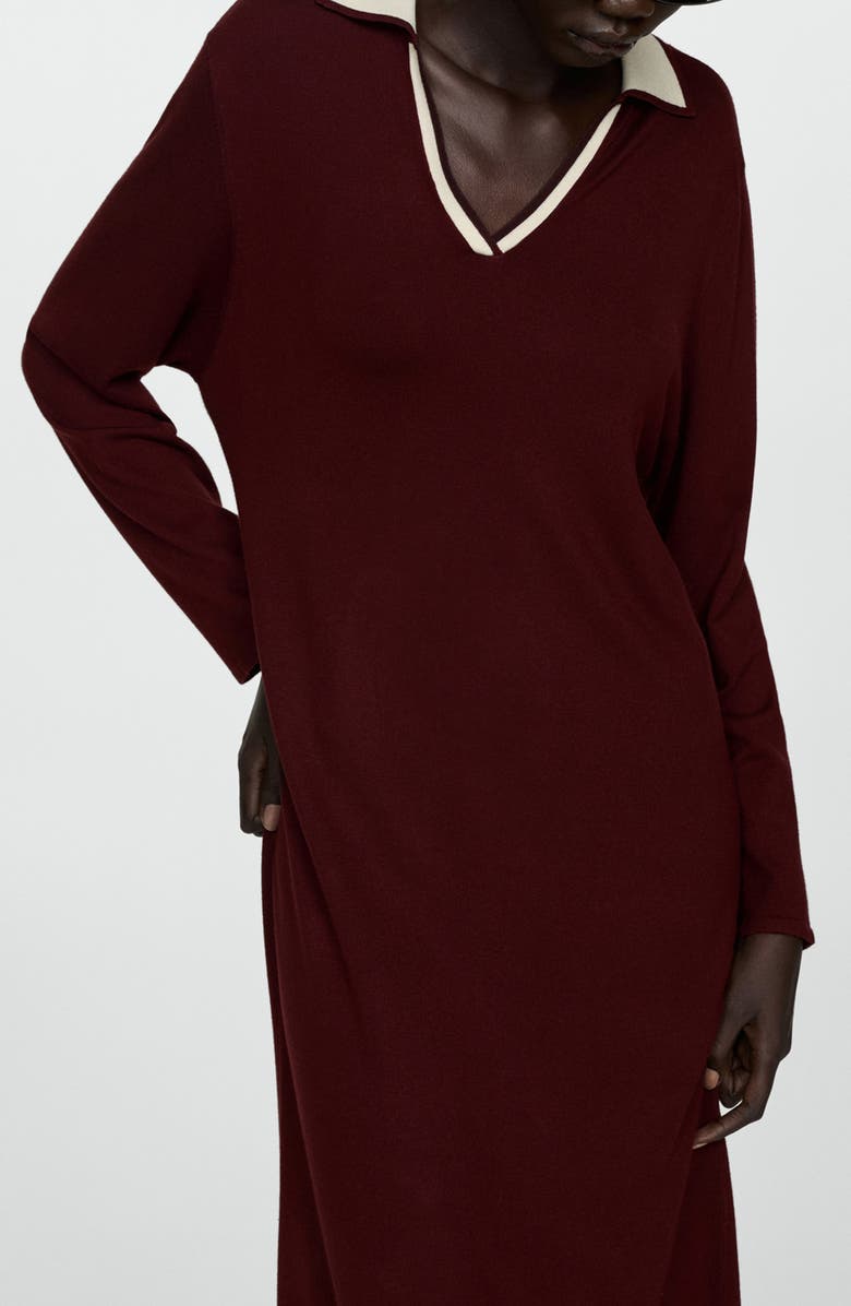 MANGO Contrast Collar Long Sleeve Knit Dress, Alternate, color, Burgundy