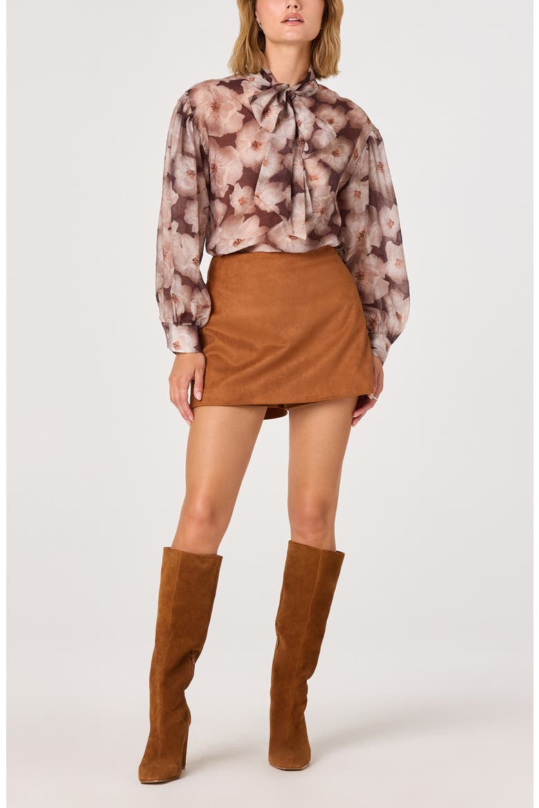 Floral Tie Neck Top, Alternate, color, BROWN FLORAL