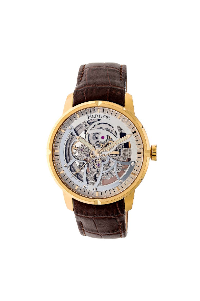 Ryder Skeleton Leather-Band Watch, Main, color, Brown/Gold