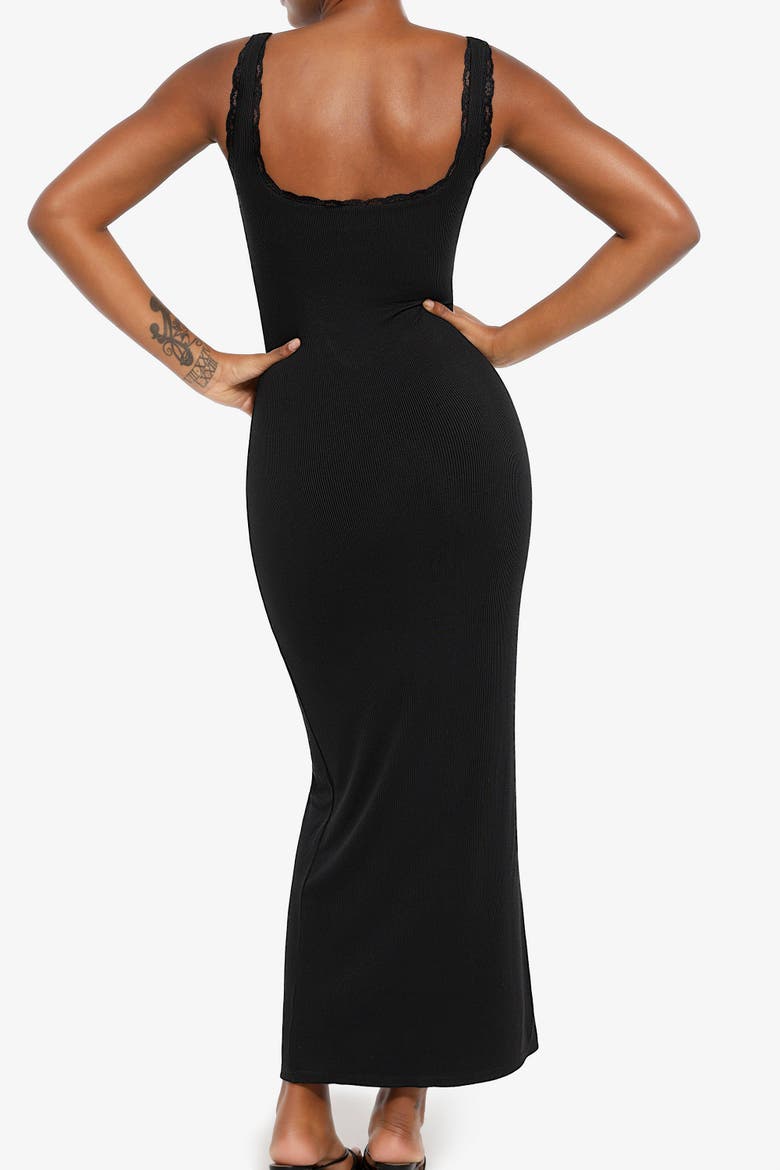 Shapewear Modal Slimming Lace Trim Henley Tank Maxi Spring Resort Dress, Alternate, color, Midnight Black