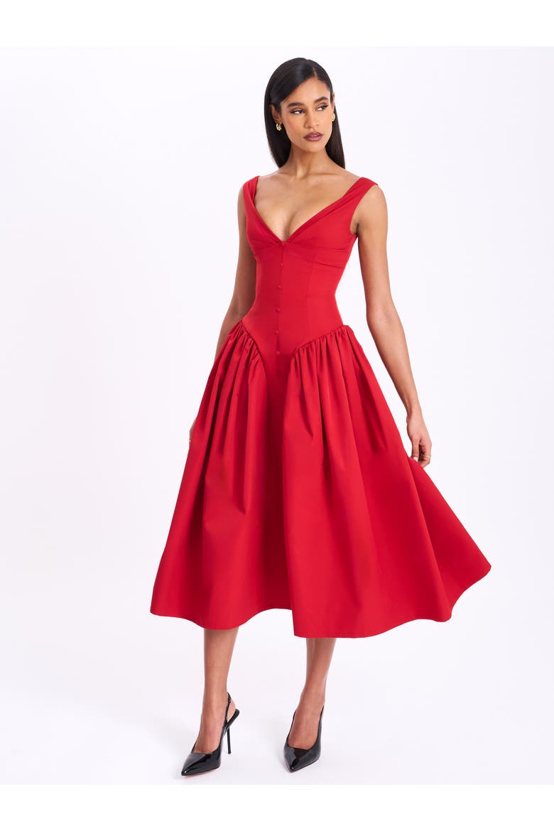 Nahla Drop Waist Midi Dress with Buttons, Main, color, Red