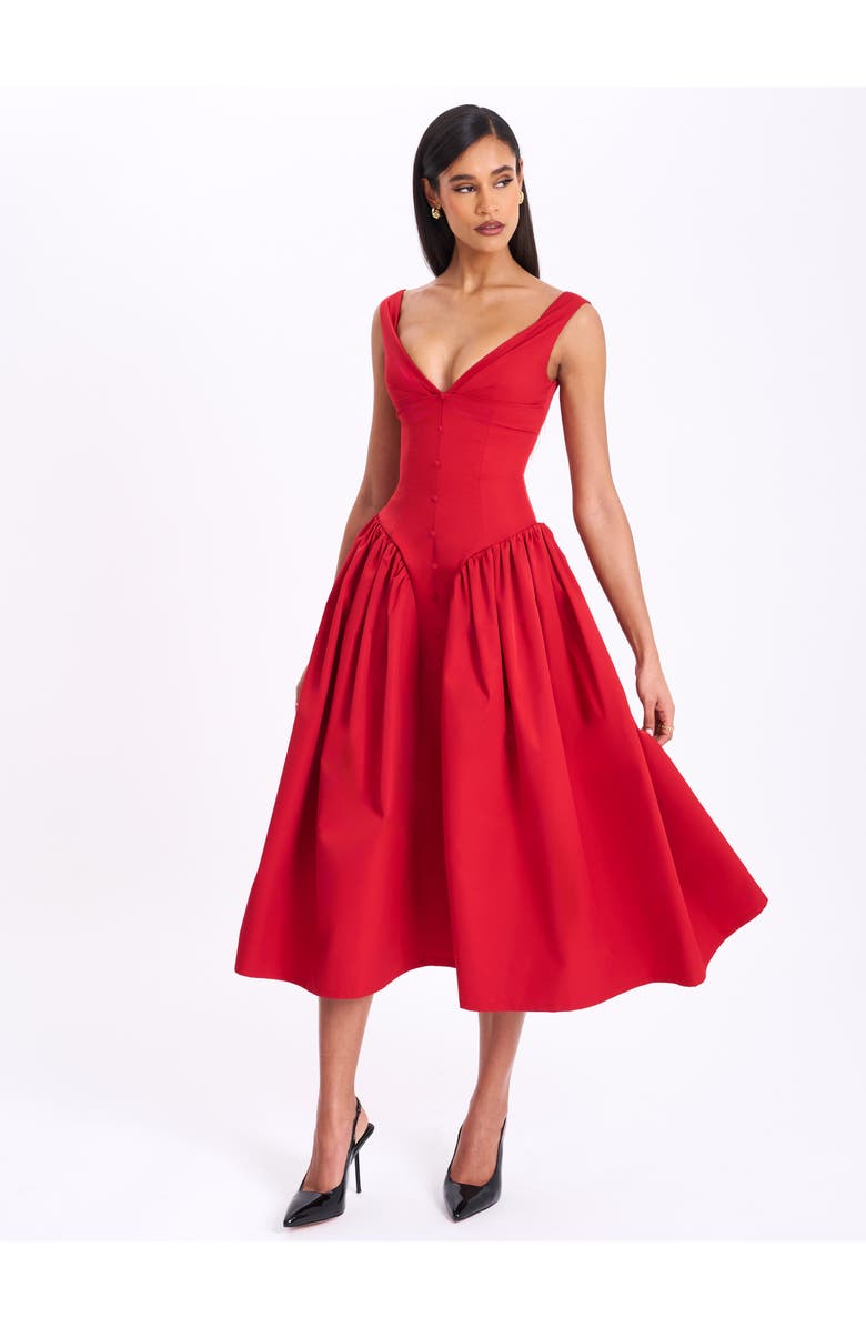 Miss Circle Nahla Drop Waist Midi Dress with Buttons, Main, color, Red