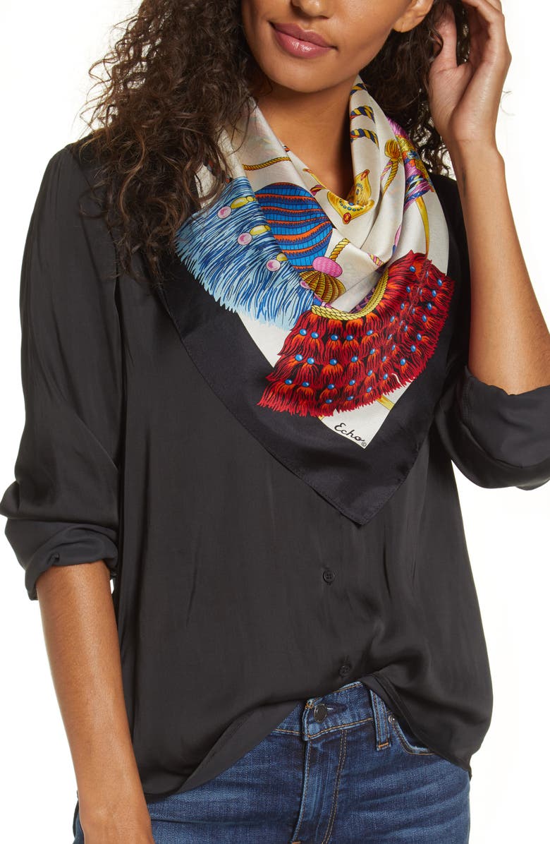 Echo Heritage Tassel Print Square Silk Scarf, Main, color,