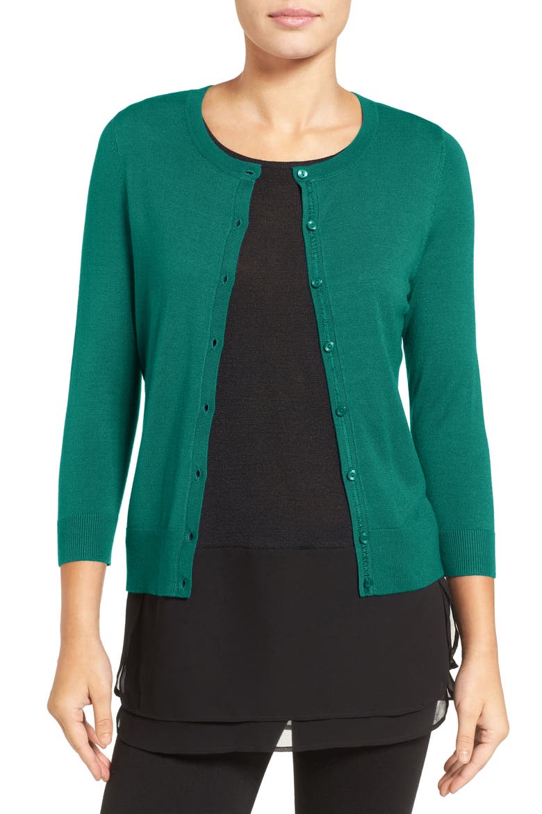 Three Quarter Sleeve Crewneck Cardigan, Main, color, GREEN LAKE