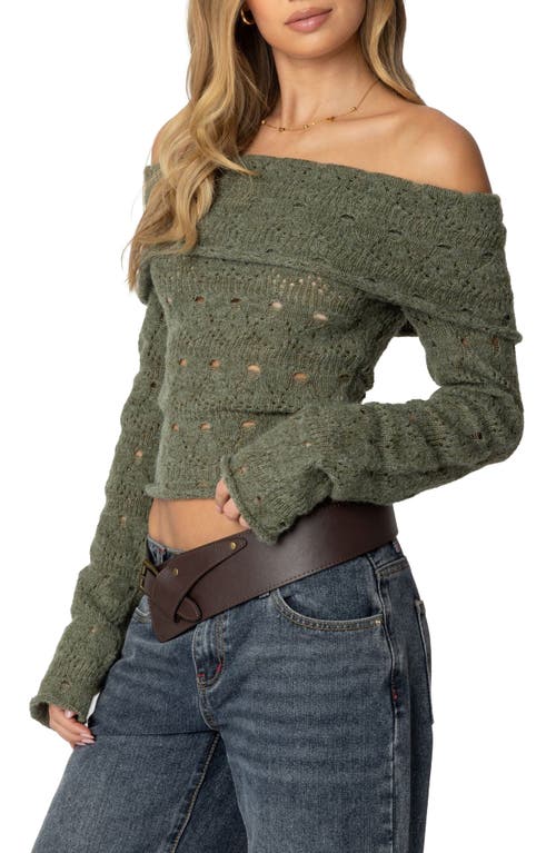 Edikted Kenna Off The Shoulder Long Sleeve Knit Top In Green