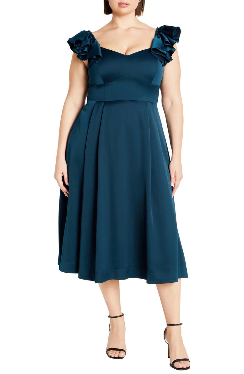 City Chic Roselyn Ruffle Sleeve Dress, Main, color, Emerald
